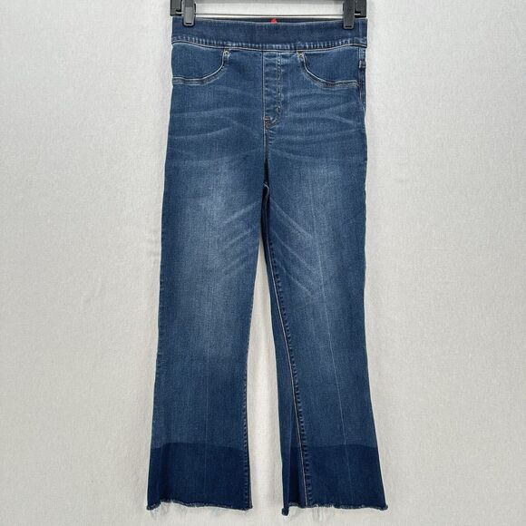 Spanx Jeans Womens Small Cropped Flare High Rise Pull On Stretch Denim Fray EUC - Picture 1 of 13